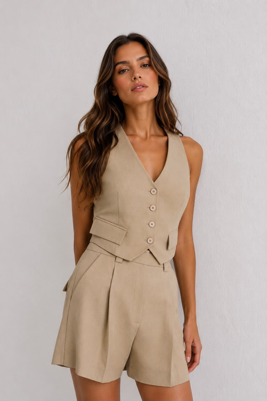 Linen Button Front Short Camel Vest