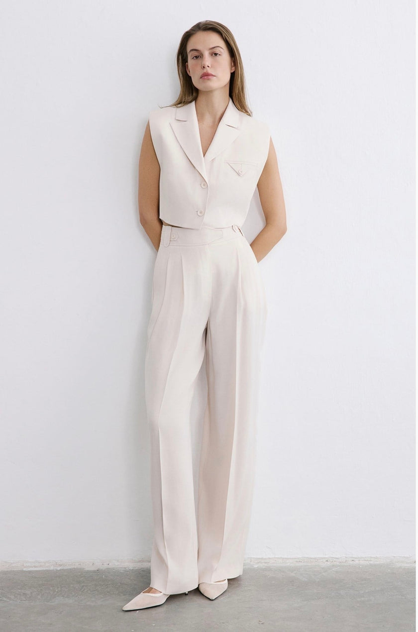 High Waist Wide Leg Pleated Ecru Trousers