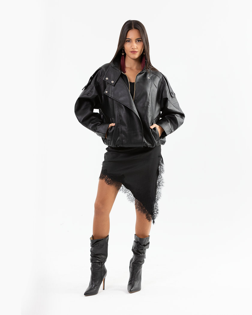 Black Asymmetric Lace Satin Skirt