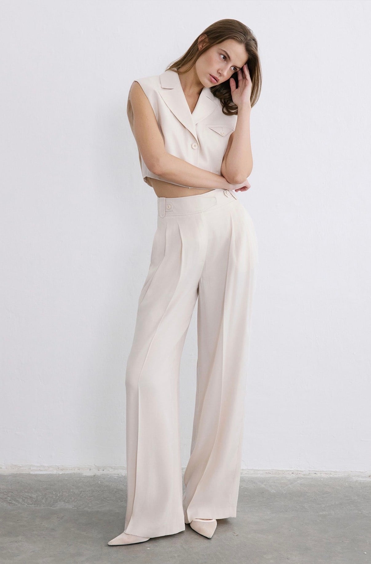 High Waist Wide Leg Pleated Ecru Trousers