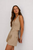 Linen Button Front Short Camel Vest