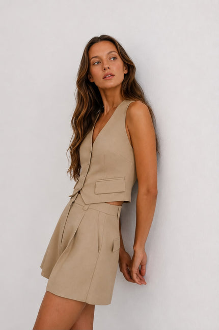 Linen Blend Belted Mini Camel Shorts