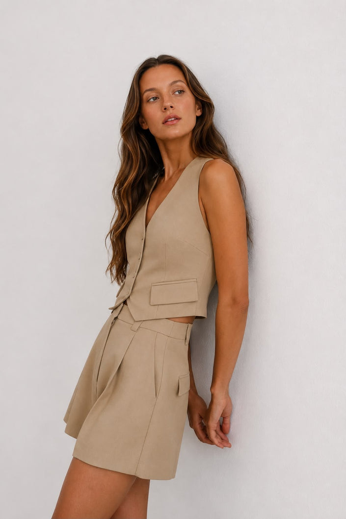 Linen Button Front Short Camel Vest