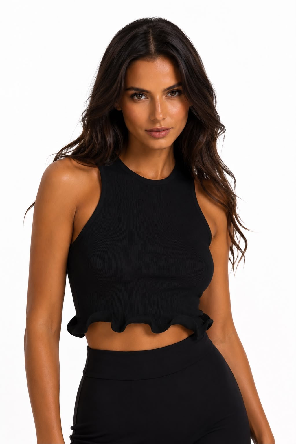 Crew Neck Sleeveless Black Crop Knit Blouse