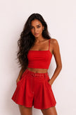 Thin Strap Denim Textured Coral Blouse