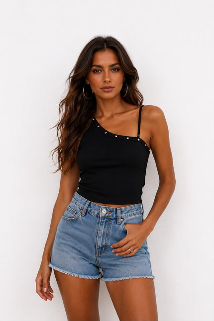 Black Ribbed Tanktop with Silver Stud Detail