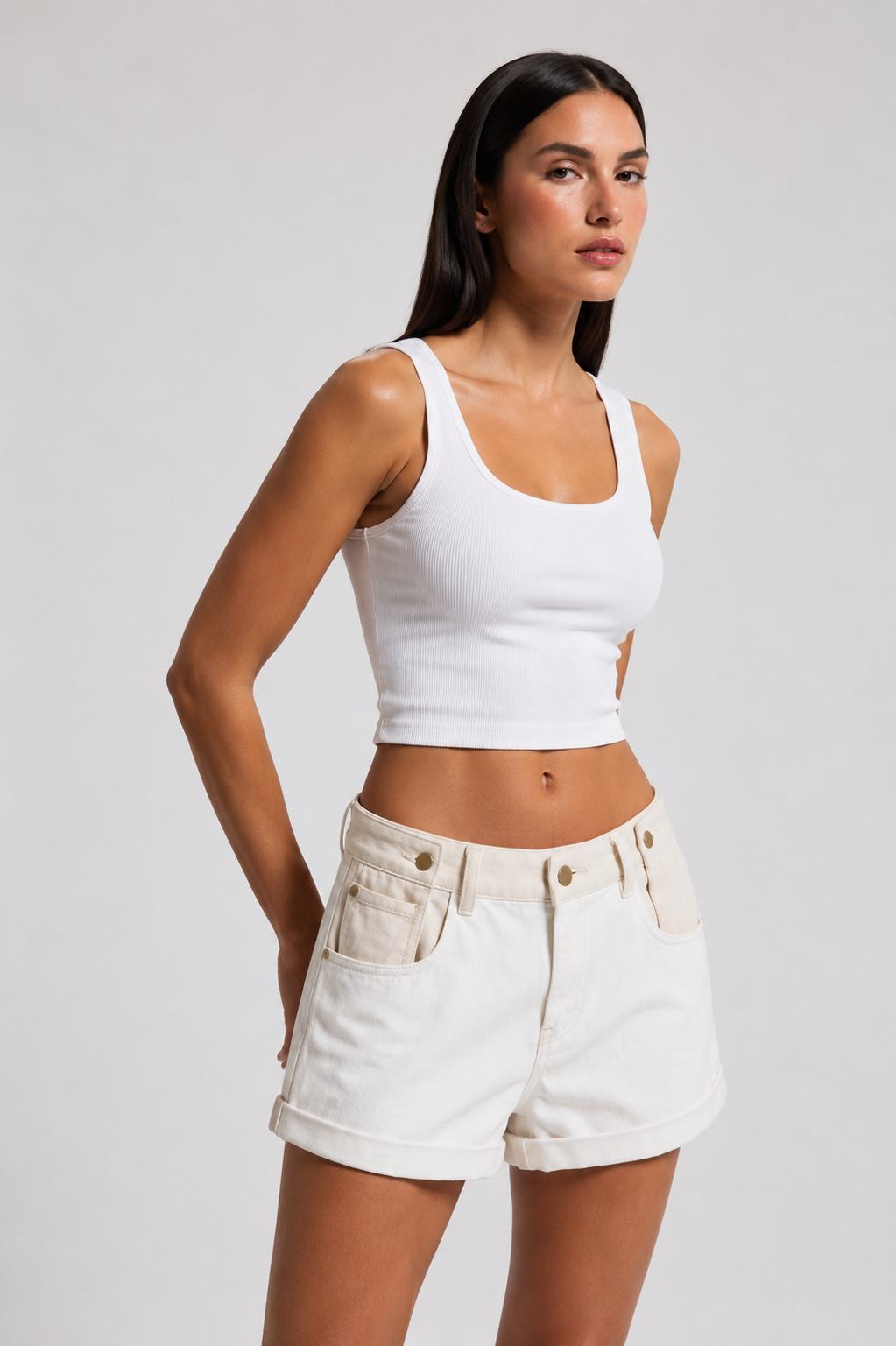 White Denim Short with Beige Waist