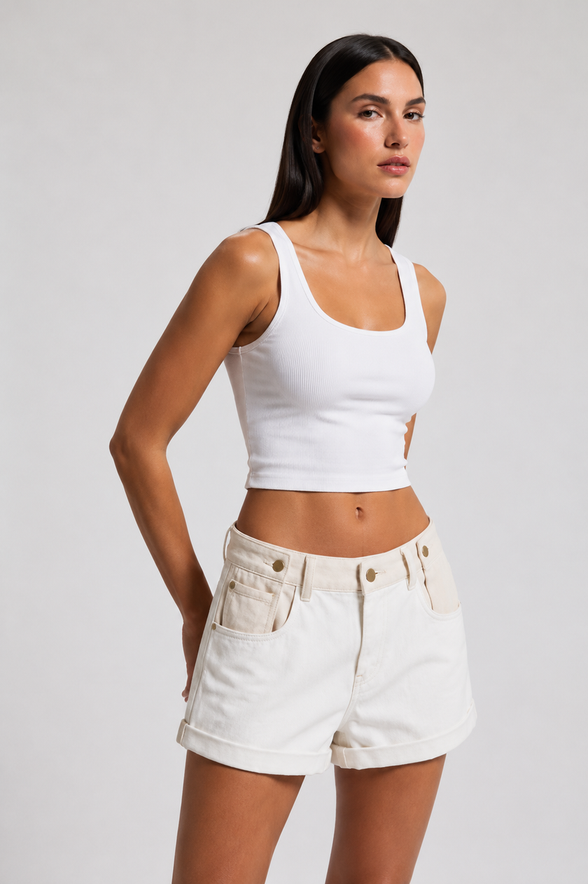 White Denim Short with Beige Waist