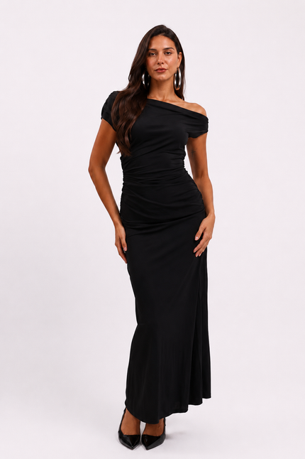 Black Off-Shoulder Draped Dress with Belts