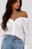 White Blouse with Rhinestone-Studded Sheer Mesh Panel