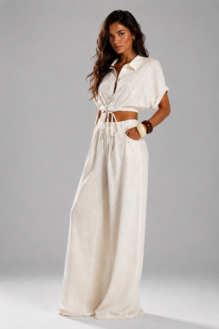 Linen Wide-Leg Trousers with Pearl and Stone Detail