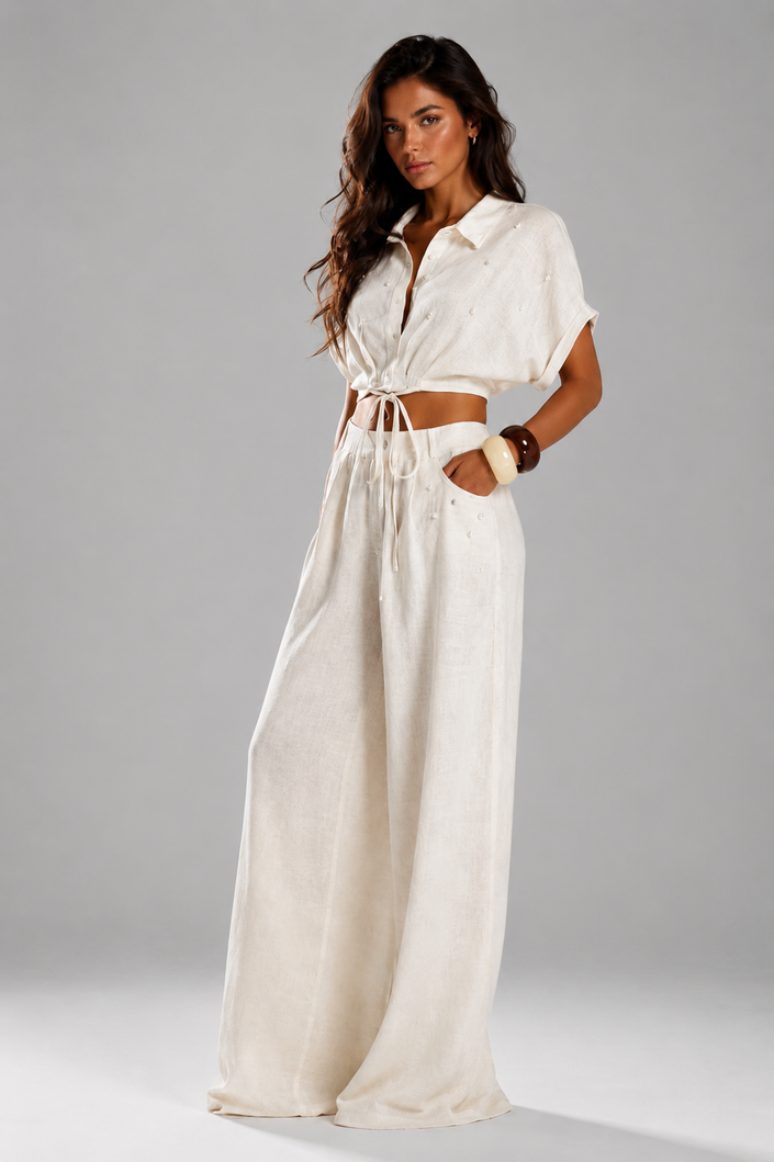Linen Wide-Leg Trousers with Pearl and Stone Detail