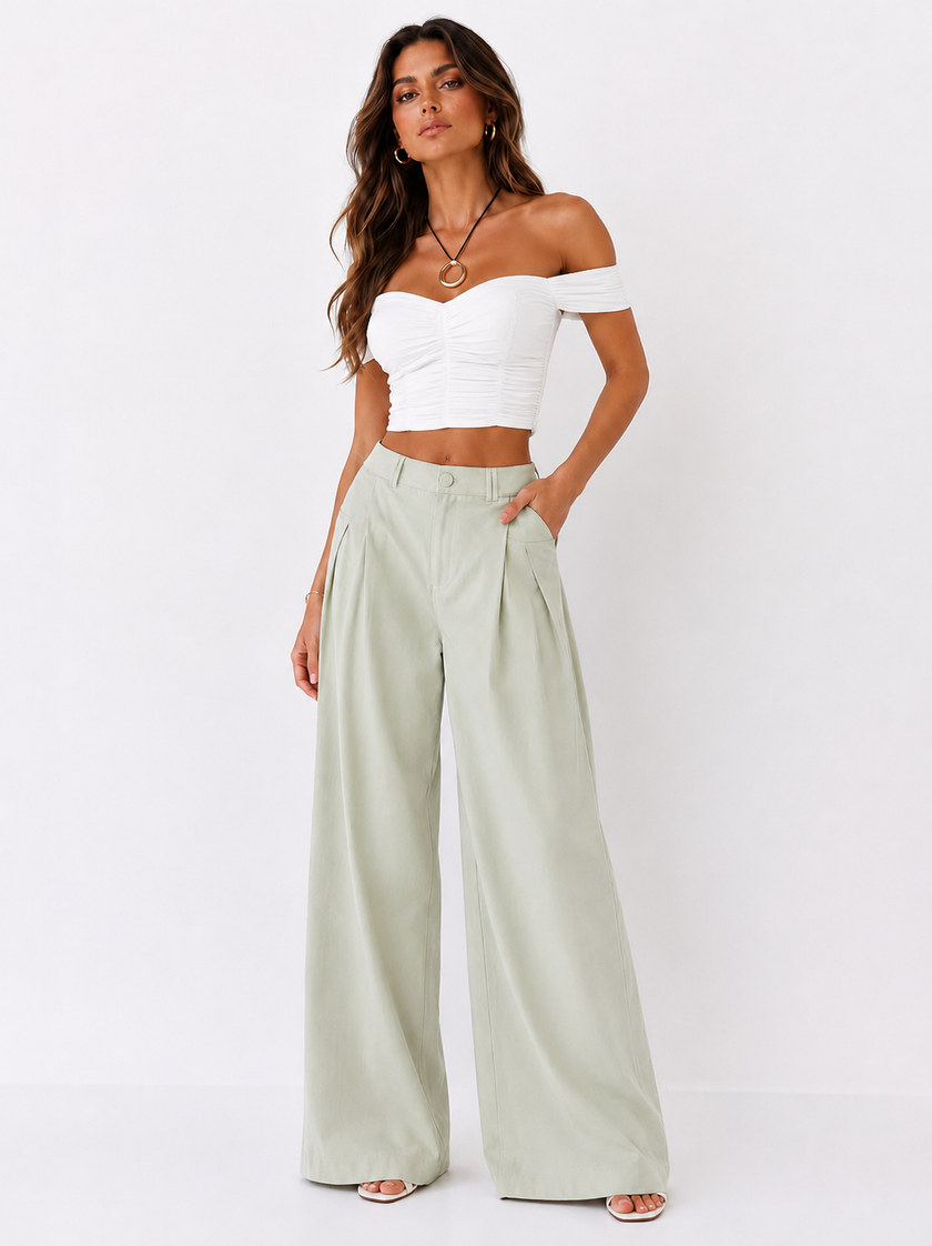 Wide Leg Trousers In Pistache with Pleat Detail