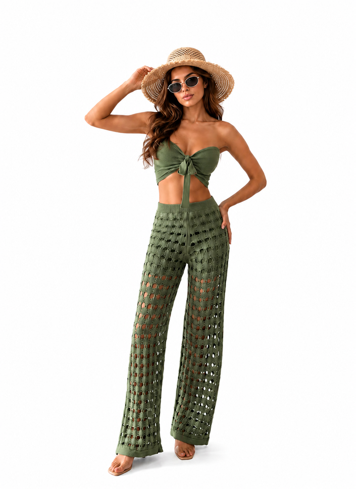 Olive Green Set - Crop Top & Wide-Leg Crochet Pants