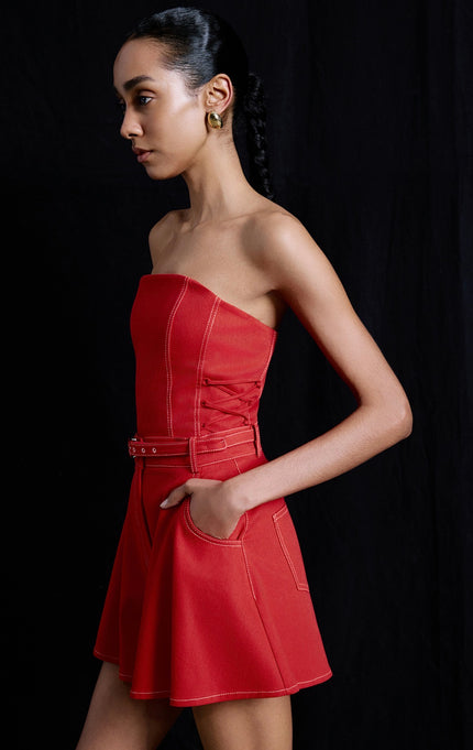 Wide Leg Belt Detailed Coral Mini Red Shorts