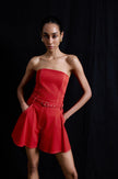 Wide Leg Belt Detailed Coral Mini Red Shorts
